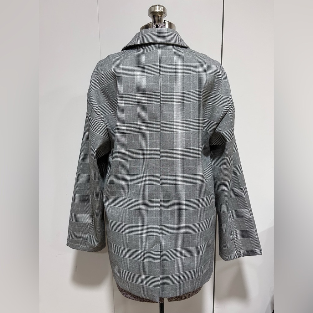 Free People Gray black plaid houndstooth Checkered Blazer oversized baggy preppy - Picture 2 of 8